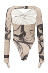 OUDE WAAG 25 Autumn/Winter Knot Stretch Velvet Bodysuit OW-OW-25AW-BD01P2WI018-MHYH Beige Gray Print